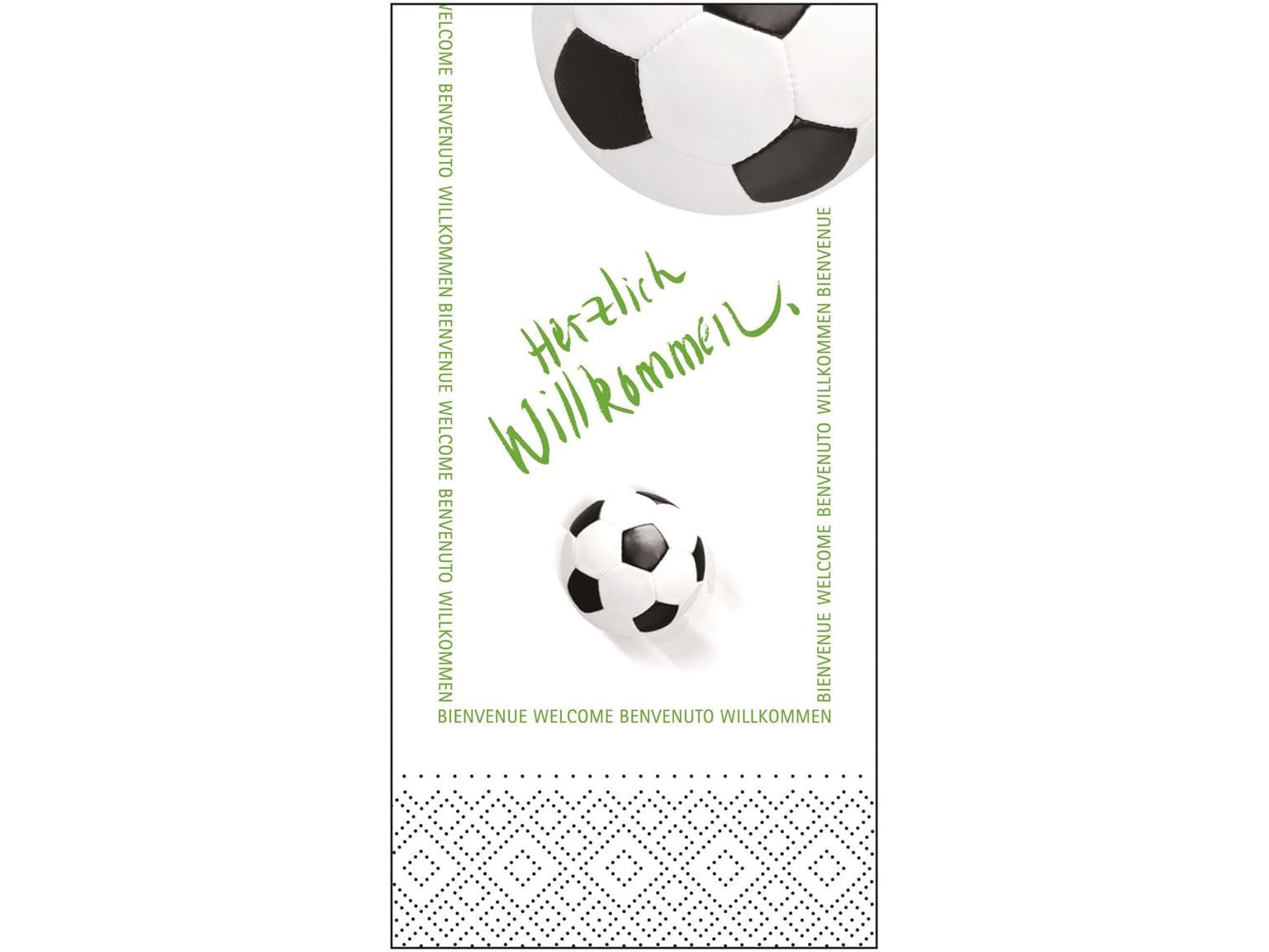 Servietten Tissue 3-lagig, 33 x 33 cm, 1/8 Falz, "HERZLICH WILLKOMMEN" Fussball