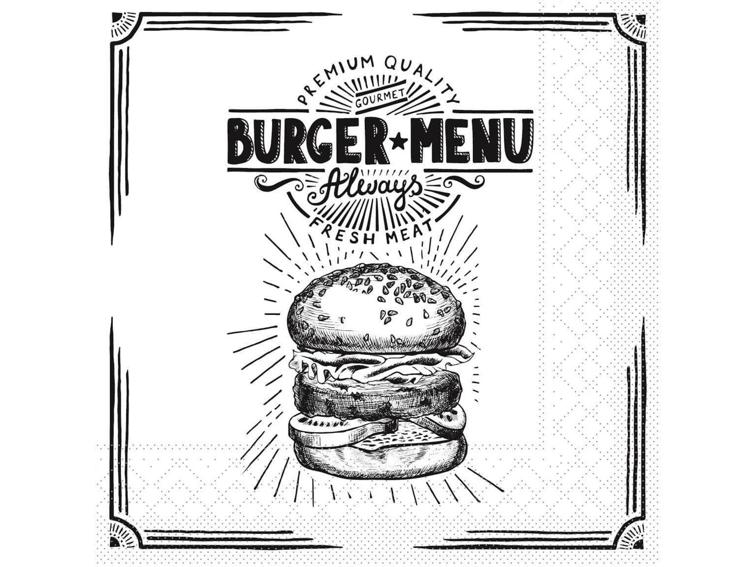 Servietten Tissue 3-lagig, 33 x 33 cm, 1/4 Falz, Burger Menu